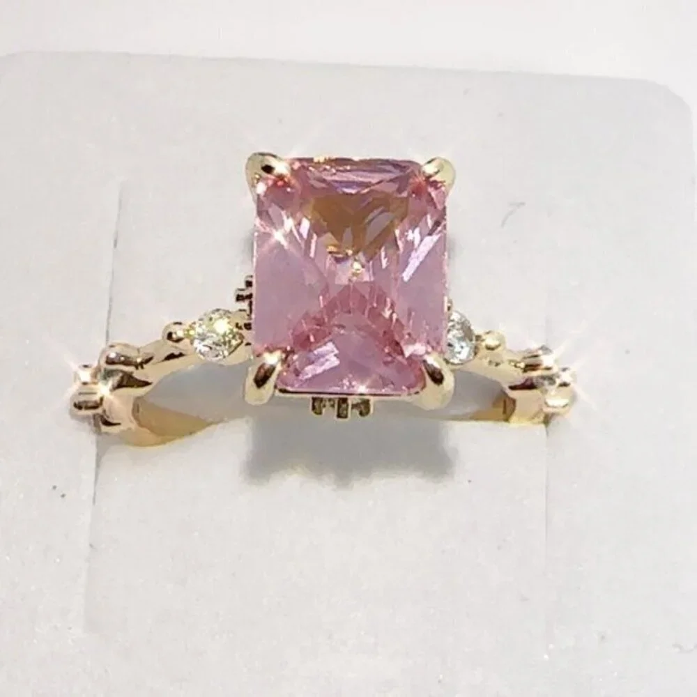 Princess Cut Pink CZ Gold Plated Ring Size 8 - Picture 9 of 16